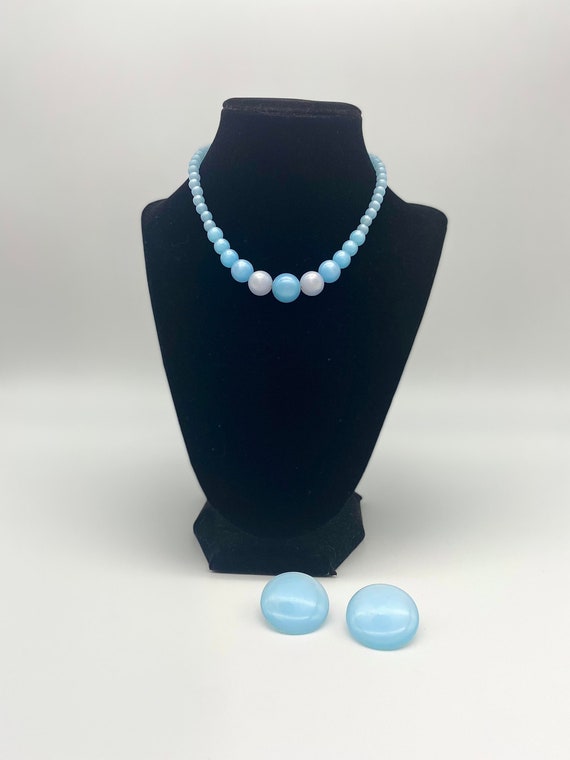 1930s Light Blue Beaded Necklace with Matching Ea… - image 1