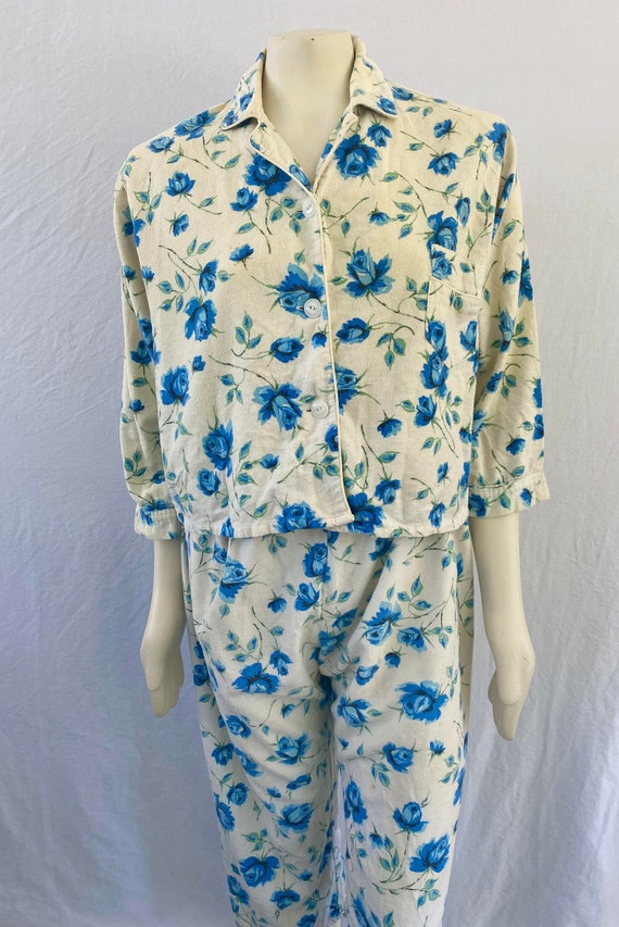 Vintage Blue Floral Rose Print Pajama Set