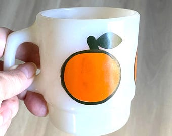 Vintage Anchor Hocking Fire King Milk Glass Coffee Mug with Orange Fruit Design - Vintage Glassware - Mid Century Kitchenware