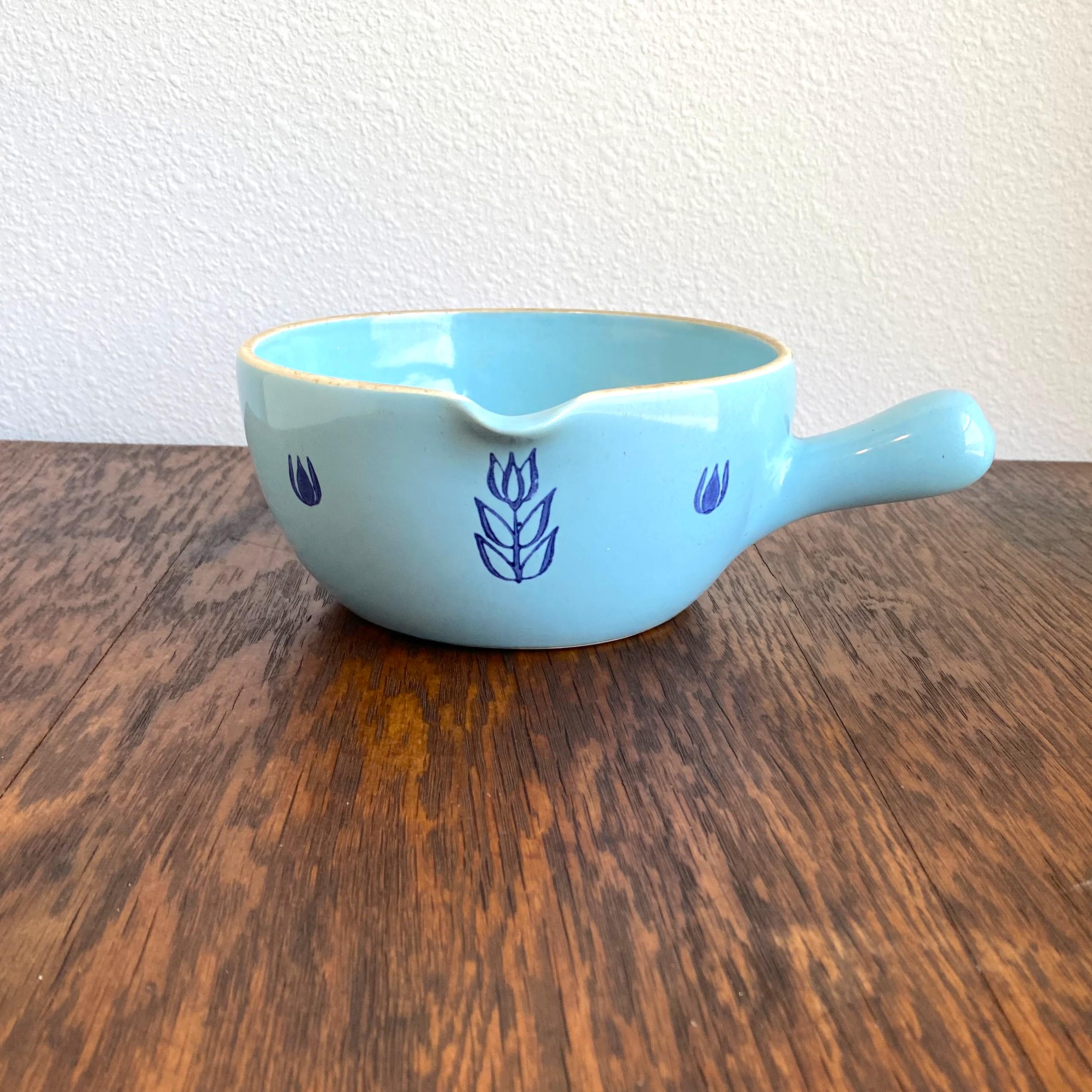Vintage Cronin Blue Tulip Handled Saucepan with Pouring Spout - 1950s Ceramic Kitchenware - Teal Blue Vintage Casserole Pot with Handle