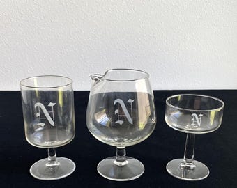 Set of 13 Vintage Etched Monogrammed Stemmed Glasses - Mid-Century Cognac or Brandy, Champagne, Cocktail Glasses - Initial N Set of Barware