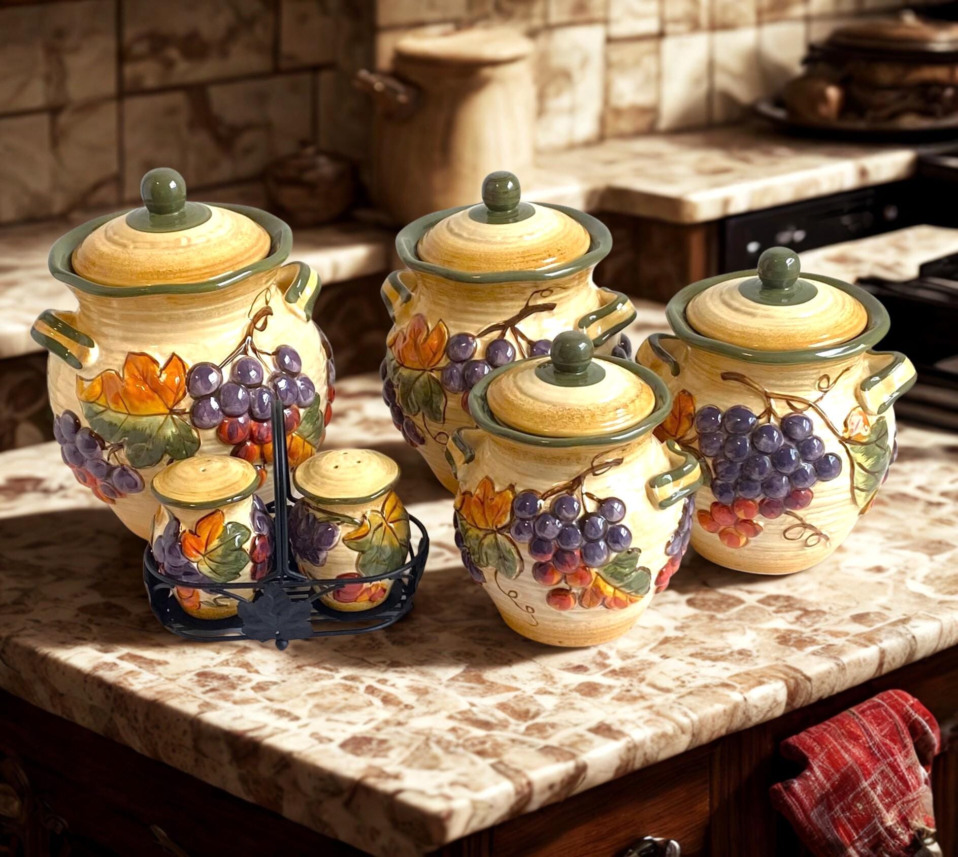 Pamela Gladding Tuscany Cookie Jar - 3 Canisters - Salt & Pepper