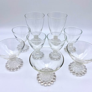 Set of 9 Anchor Hocking Boopie or Berwick Glasses - Various Size Collectible Mid-century Stemmed Goblets - Beaded Bubble Design on the Rim