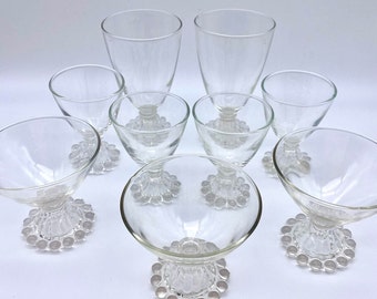 Set of 9 Anchor Hocking Boopie or Berwick Glasses - Various Size Collectible Mid-century Stemmed Goblets - Beaded Bubble Design on the Rim
