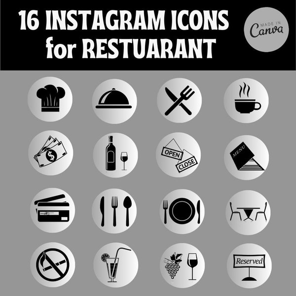 16 Editable Instagram Covers for Restaurant | Instagram Highlight Icons | Food, beverage, restaurant, bar, meals