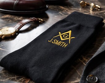 Masonic Socks Personalized, Embroidered Square Compass Symbol, Custom Name Freemason Present