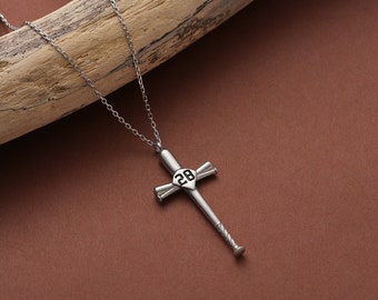 Custom Number Baseball Bat Cross Necklace: Silver Sports Pendant