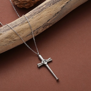 Custom Number Baseball Bat Cross Necklace: Silver Sports Pendant