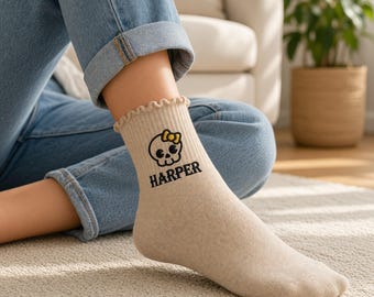 Personalized Embroidered Skull Ruffle Socks, Custom Name Gothic Gift