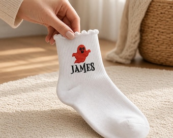 Personalized Embroidered Ghost Ruffle Socks, Custom Name Halloween Gift