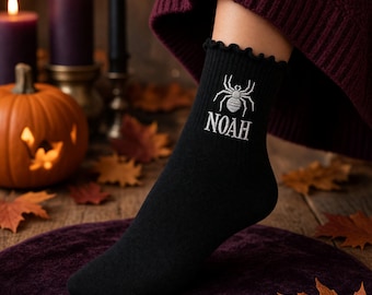 Personalized Spider Socks, Custom Name Halloween Ruffle Socks, Spooky Gift for Her