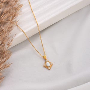 925 Sterling Silver White Opal Pendant Necklace – Dainty Gold Plated Square Charm with CZ Accents for Elegant Everyday Women’s Jewelry