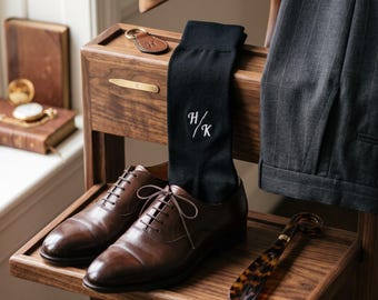 Personalized Wedding Socks, Embroidered Groom Initials, Custom Monogram Dress Socks, Groomsmen Present