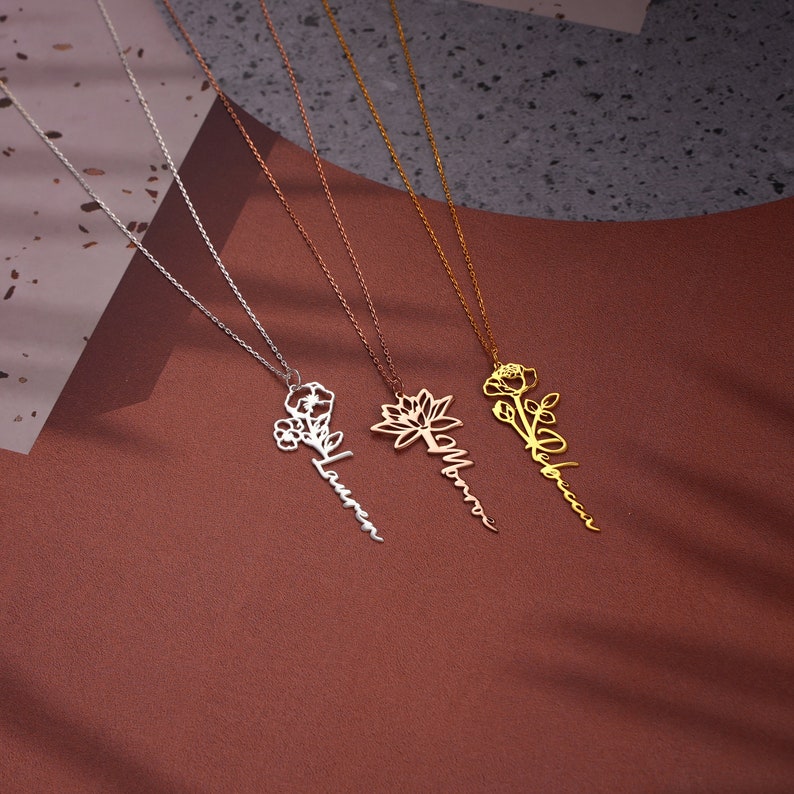 Birth Flower Necklace Name Necklace Custom Flower Necklace Etsy