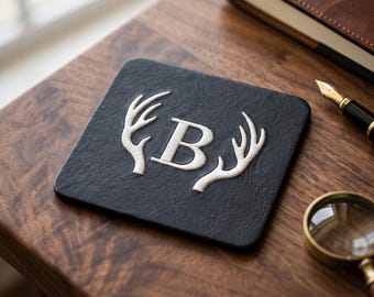 Personalized Embroidered Leather Coaster, Antler Initial, 4x4 Inch Gift for Him