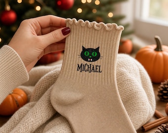 Personalized Black Cat Ruffle Socks, Embroidered Name, Halloween Gift for Her