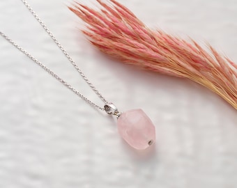 Raw Rose Quartz Necklace: Crystal Healing Pendant, Gold/Silver Chain