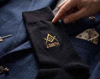 Masonic Socks Personalized, Embroidered Square Compass Symbol, Custom Name Freemason Present