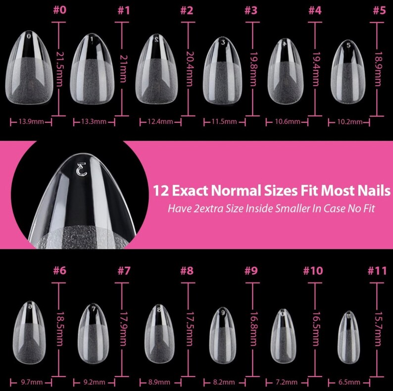May include: Twelve clear plastic nail tips in different sizes, labelled #0 through #11. Each tip is shaped like a long oval with a pointed end. The tips are arranged in two rows of six, with the numbers increasing from left to right. The tips are measured in millimetres.