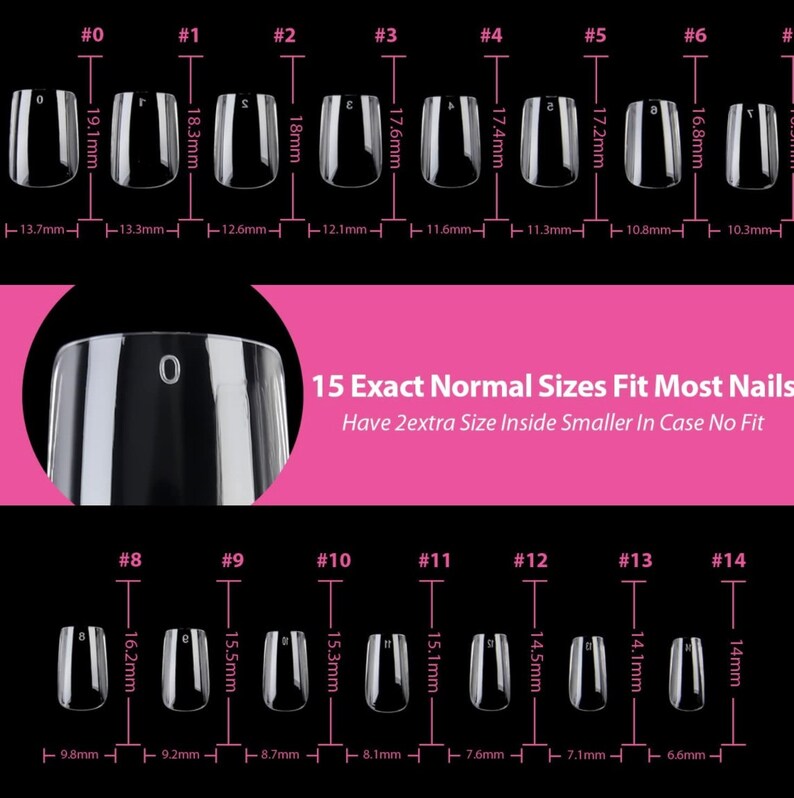 May include: A set of 15 clear plastic false nails in various sizes, labelled with numbers 0 through 14. The nails are arranged in two rows, with the smaller sizes on the top row and the larger sizes on the bottom row. The nails are all the same shape, with a slightly rounded tip and a slightly curved base. The text "15 Exact Normal Sizes Fit Most Nails" and "Have 2extra Size Inside Smaller In Case No Fit" is printed on a pink background.