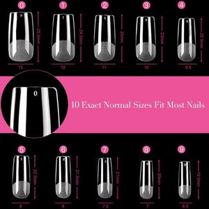 May include: Ten clear plastic nail tips in different sizes, labelled 0 through 9. Each tip has a measurement in millimetres printed next to it. The text "10 Exact Normal Sizes Fit Most Nails" is printed in black on a pink background.