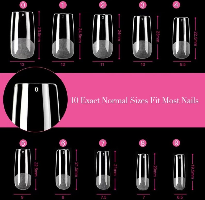 May include: Ten clear plastic nail tips in different sizes, labelled 0 through 9. Each tip has a measurement in millimetres printed next to it. The text "10 Exact Normal Sizes Fit Most Nails" is printed in black on a pink background.