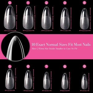 May include: Ten clear plastic false nail tips in different sizes, labelled 0 through 9. Each nail tip is shaped like a long oval with a pointed end. The nail tips are arranged in two rows of five. The image includes measurements in millimetres for each nail tip.