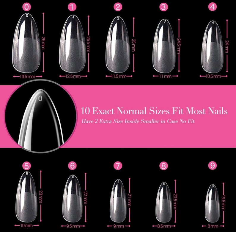 May include: Ten clear plastic false nail tips in different sizes, labelled 0 through 9. Each nail tip is shaped like a long oval with a pointed end. The nail tips are arranged in two rows of five. The image includes measurements in millimetres for each nail tip.