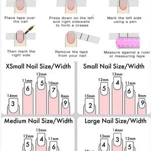 May include: A guide on how to measure your nails using tape. The image shows a step-by-step guide with illustrations of how to measure your nails using tape and a ruler. The guide includes different nail sizes, labelled as XSmall, Small, Medium, and Large, with corresponding measurements in millimetres.