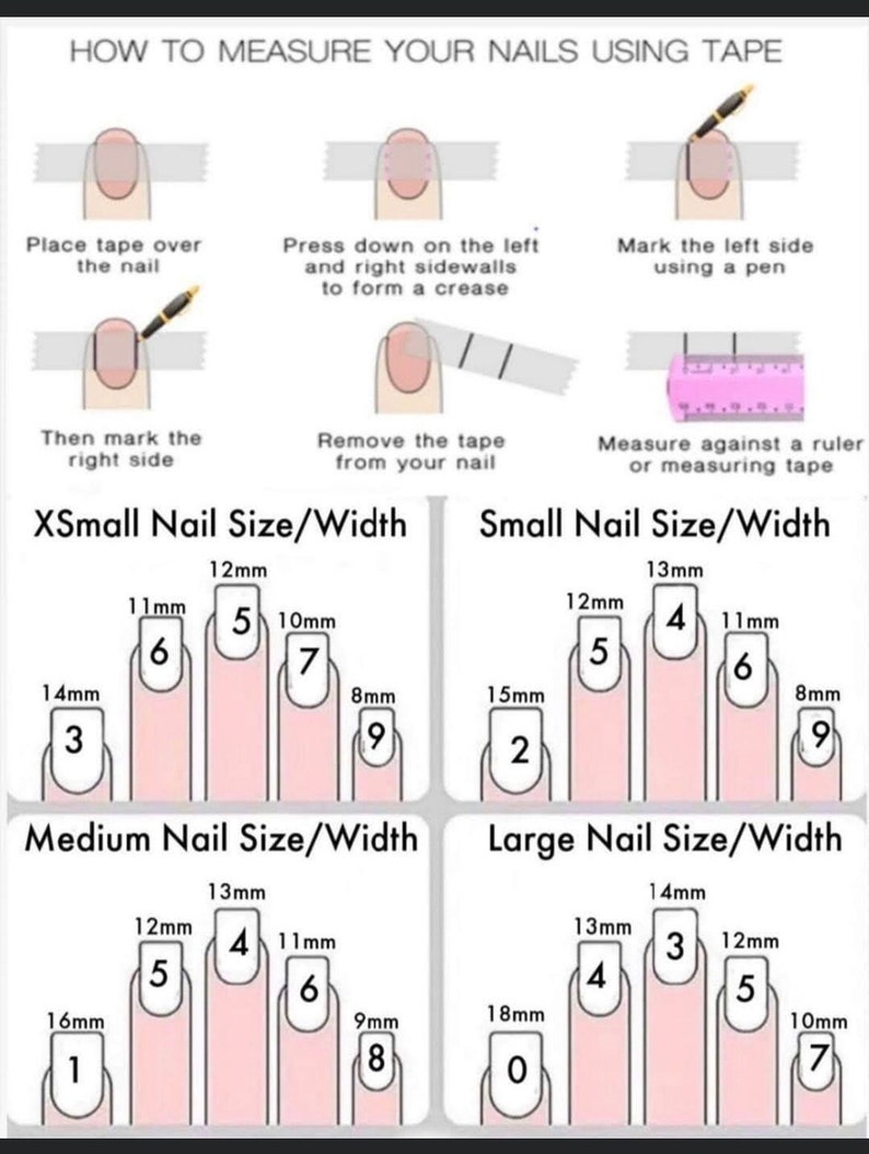 May include: A guide on how to measure your nails using tape. The image shows a step-by-step guide with illustrations of how to measure your nails using tape and a ruler. The guide includes different nail sizes, labelled as XSmall, Small, Medium, and Large, with corresponding measurements in millimetres.