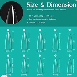 May include: Diagram showing 10 different sizes of clear plastic false nails, labelled with numbers 0 through 9. Each nail is measured in inches, with the length and width of each nail indicated.