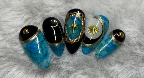 Celestial Press On Nails: Hand-Painted Sun, Moon, Star, Blue Green Marble