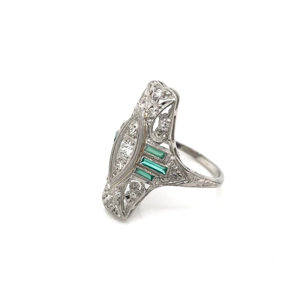 Antique Diamond and Emerald Filigree Dinner Ring - image 2