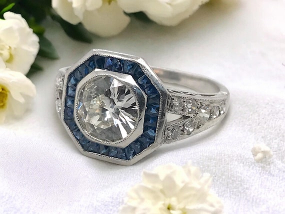 Art Deco Styled 1.20 Carat Diamond & Sapphire Pla… - image 1