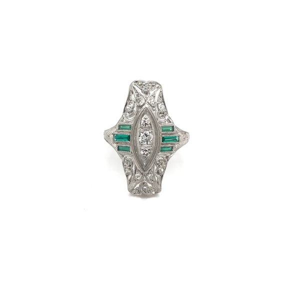 Antique Diamond and Emerald Filigree Dinner Ring - image 5