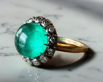 Vintage Edwardian Era Cabochon Cut Colombian Emerald Ring Gia