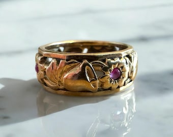 Vintage Rose Gold Ruby Eternity Band Bells & Flowers Size 5