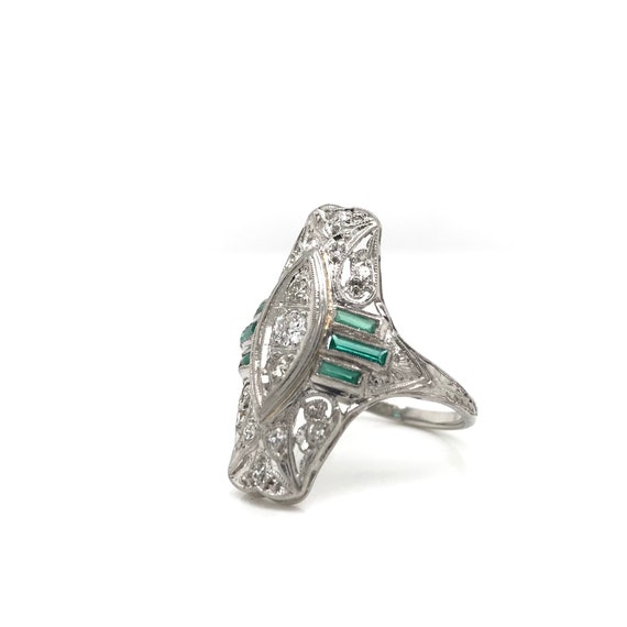 Antique Diamond and Emerald Filigree Dinner Ring - image 1