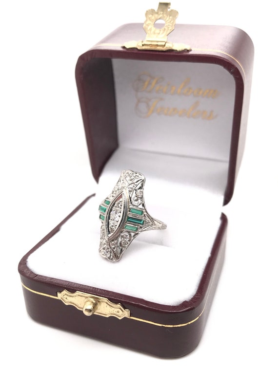 Antique Diamond and Emerald Filigree Dinner Ring - image 10