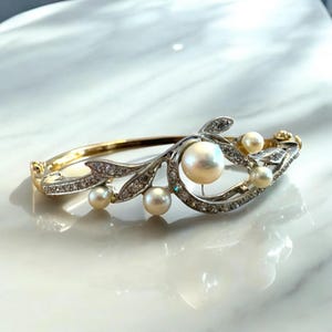 Vintage Diamond & Pearl Yellow Gold Bangle Bracelet