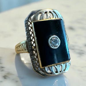 Vintage Onyx & Diamond Two Toned Gold Cocktail Ring