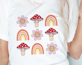 Flowers Mushrooms Rainbows PNG Retro Vintage Smiling Faces PNG Sublimation Files For T-Shirt Design Solid Distressed Floral Magical png