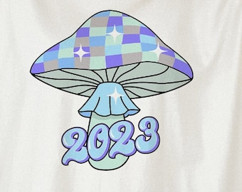 Retro Checkered Mushroom Disco Ball 2023 PNG New Years Party Sublimation Files T-Shirt Design Solid Distressed Magical Magic Mushroom Hippie