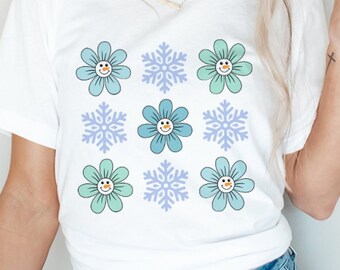 IceFlowers Snowflakes PNG Retro Vintage Winter Wonderland Snowman PNG Sublimation Files For T-Shirt Design Solid and Distressed