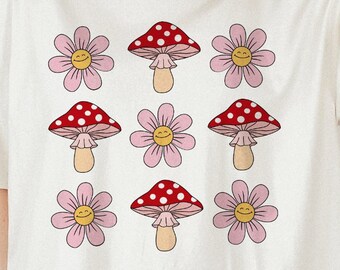 Cute Flowers Mushrooms PNG Retro Vintage Smiling Faces PNG Sublimation Files For T-Shirt Design Solid Distressed Floral Magical png