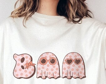 Cute Boo Ghost PNG Spooky Season Halloween PNG Sublimation Files Solid and Distressed Retro Boo Kids Bow Sunnies T-Shirt Clipart PNG
