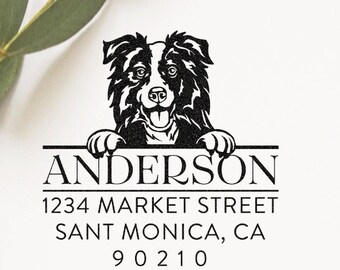 Border Collie Dog Custom Return Address Stamp for Dog Owner Lover Self Inking and Wooden Rubber Stamp Housewarming Christmas Gift Idea