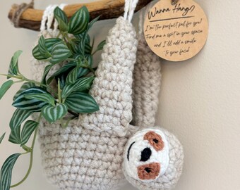 Smiling Sloth Hanging Planter, Handmade Gift, Hanging Wall Decor for Dorm, Home, or Office