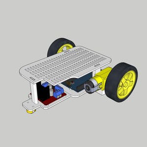May include: A robotic chassis kit featuring a white rectangular platform with a grid of slots, two black wheels with yellow rims, a yellow motor, and an internal circuit board with blue and black components mounted on a red base plate.