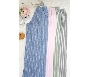 LINEN stripe Unisex Long Pajama Pants w/ Pocket, No shrink after wash ,Pre-Washed, Elastic Waist, Breathable, Comfy Comfortable.